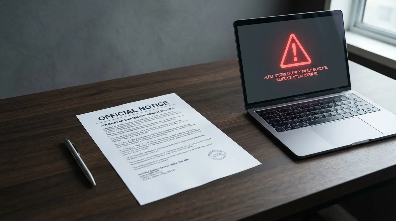 A printed government warning notice on a desk beside a laptop with a red alert icon on the screen.