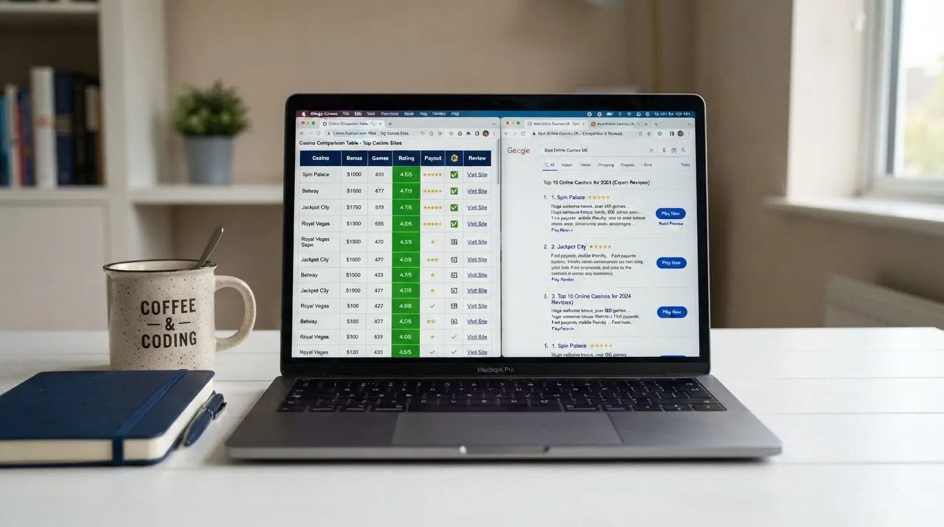 A laptop screen split between two browser tabs, one showing a comparison table and the other a search results page.