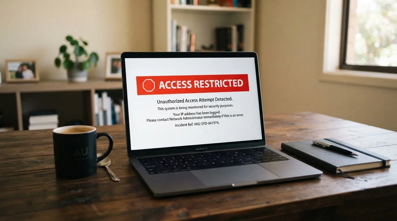 A printed government warning notice on a desk beside a laptop with a red alert icon on the screen.