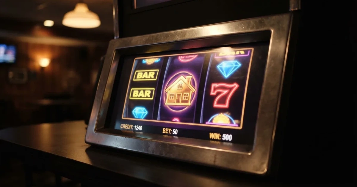 A close-up of a slot reel icon with a house-shaped motif on a screen.