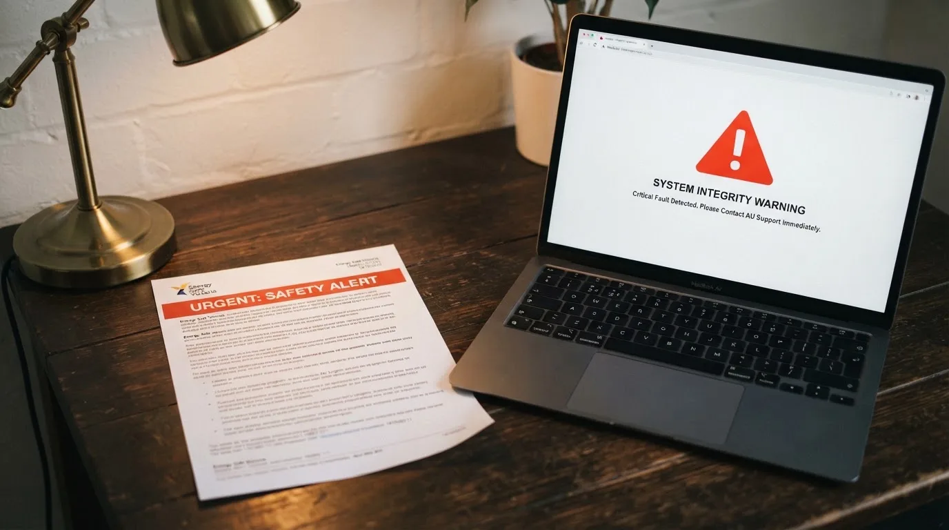 A printed government warning notice on a desk beside a laptop with a red alert icon on the screen.