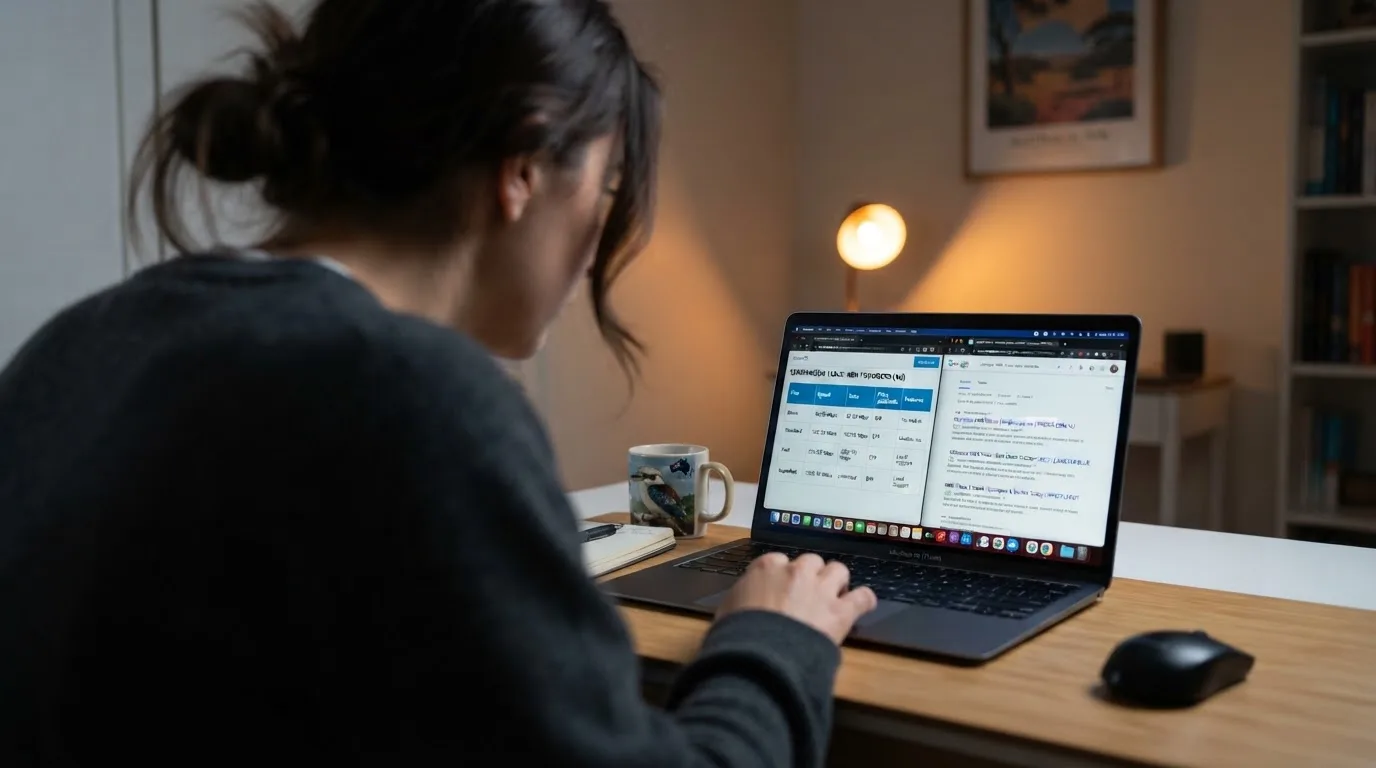 A laptop screen split between two browser tabs, one showing a comparison table and the other a search results page.