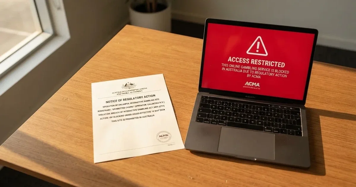 A printed government warning notice on a desk beside a laptop with a red alert icon on the screen.