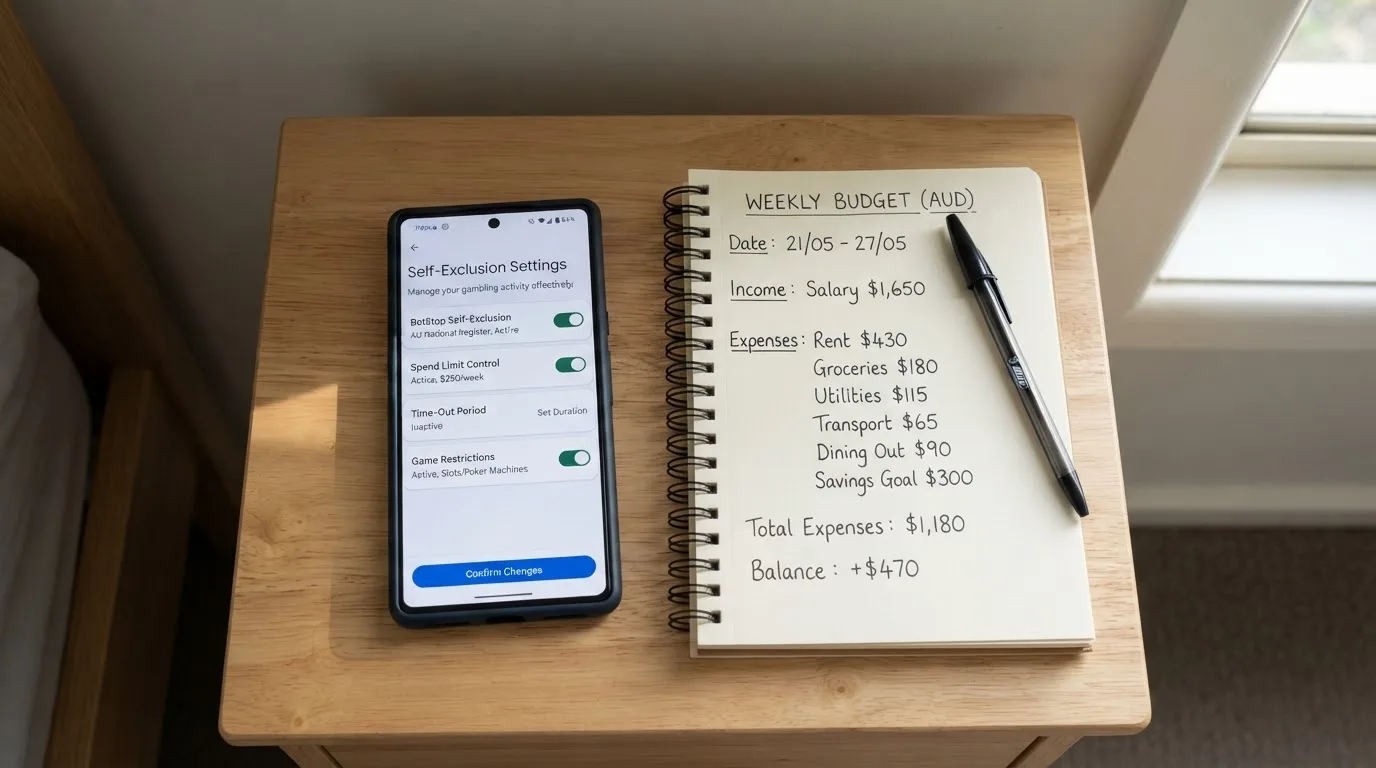A phone showing a self-exclusion settings screen next to a notepad with a weekly budget written on it.