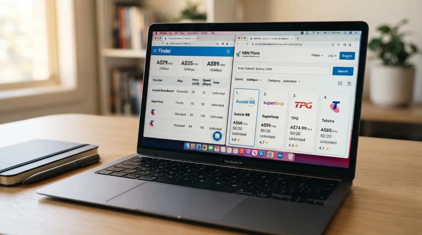 A laptop screen split between two browser tabs, one showing a comparison table and the other a search results page.