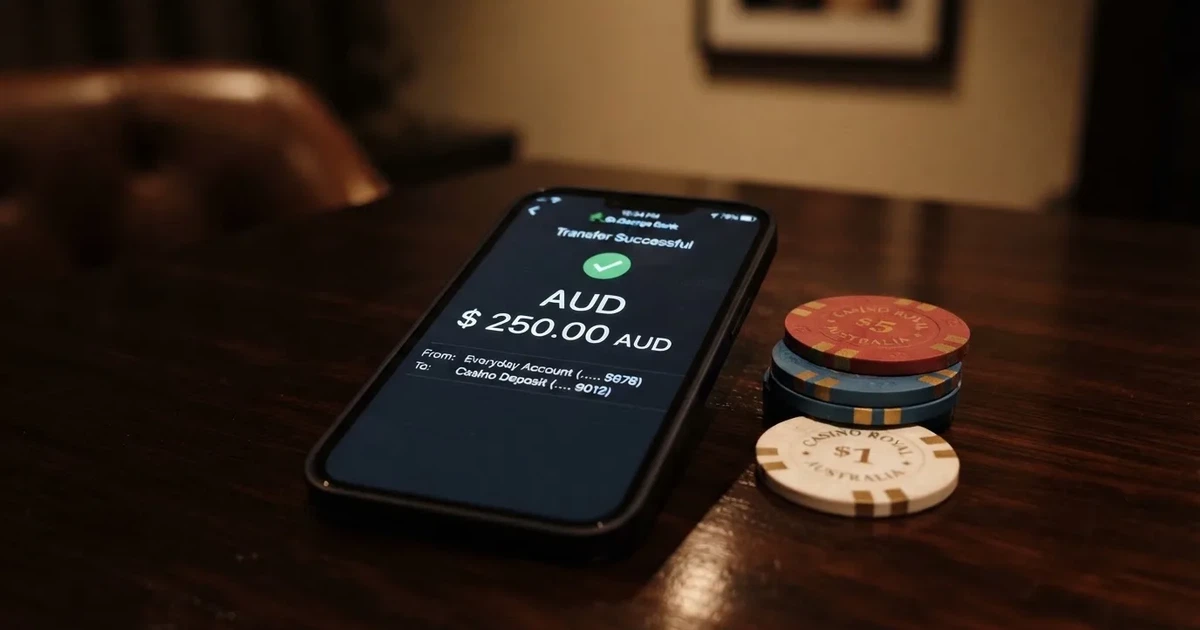 A phone displaying a bank transfer confirmation screen next to a stack of Australian dollar notes.