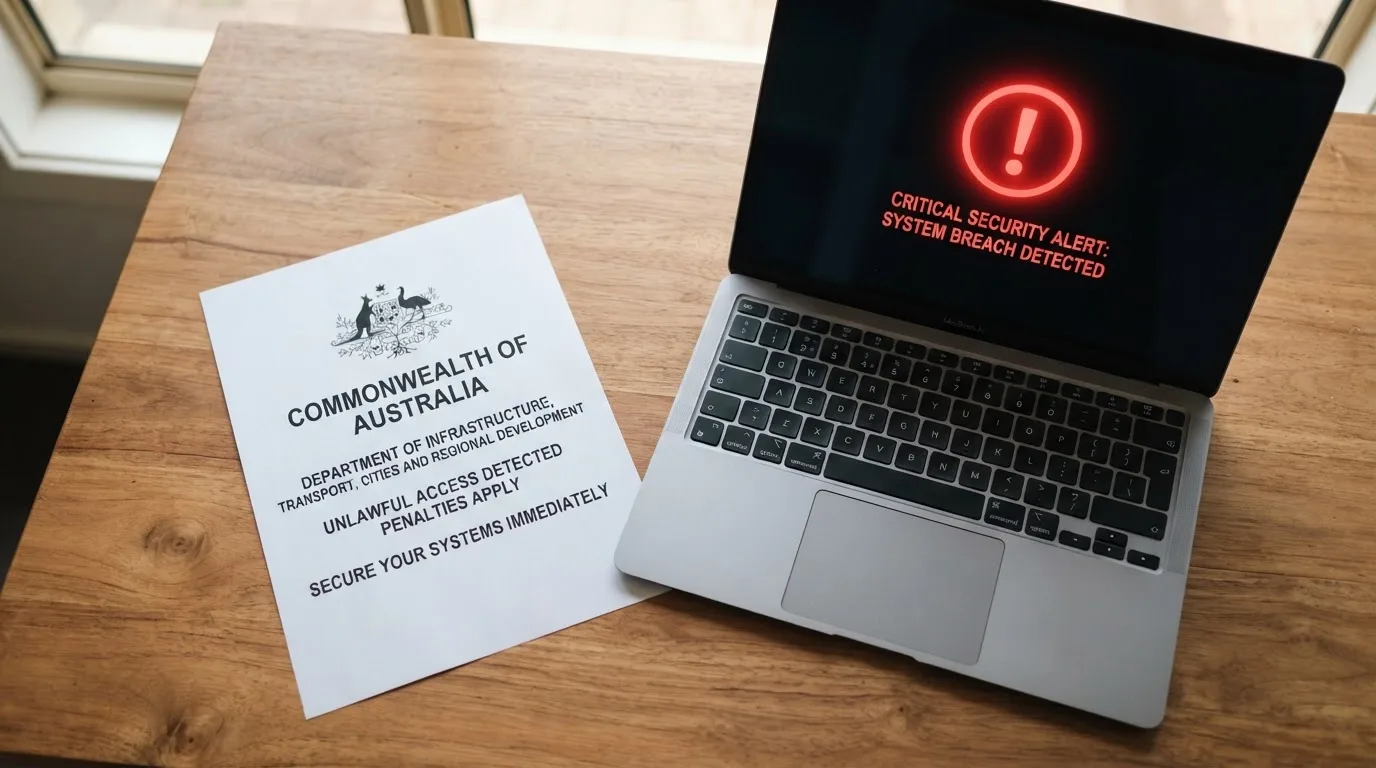 A printed government warning notice on a desk beside a laptop with a red alert icon on the screen.