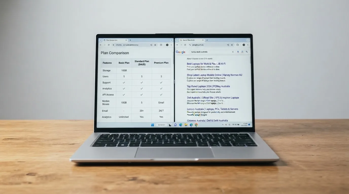 A laptop screen split between two browser tabs, one showing a comparison table and the other a search results page.