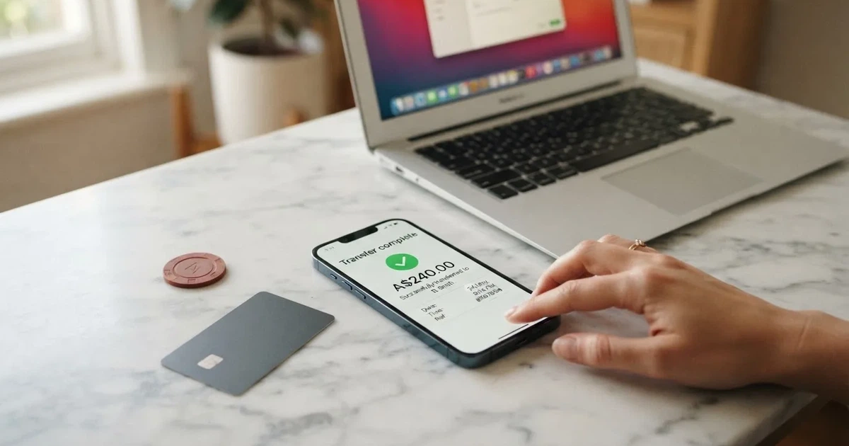 A phone showing a PayID-style bank transfer confirmation next to a laptop.
