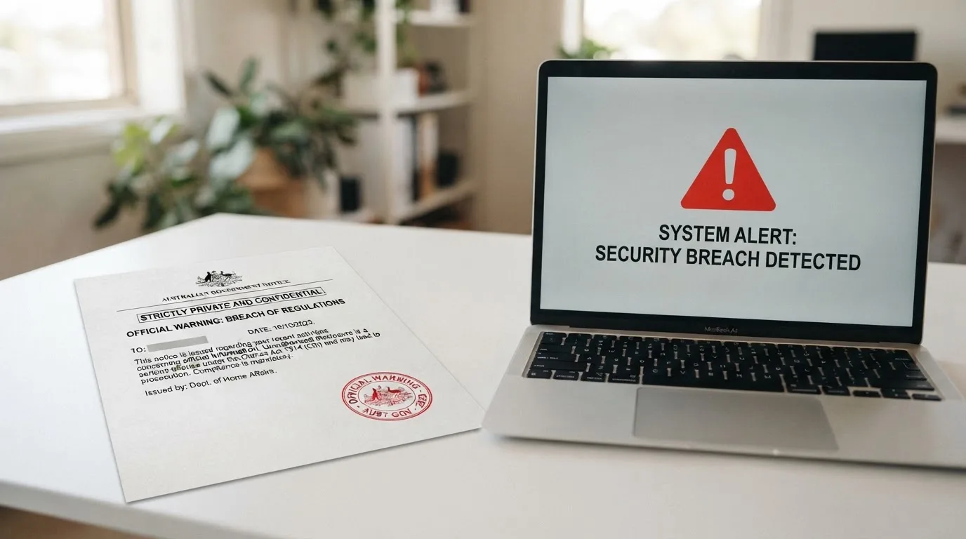 A printed government warning notice on a desk beside a laptop with a red alert icon on the screen.