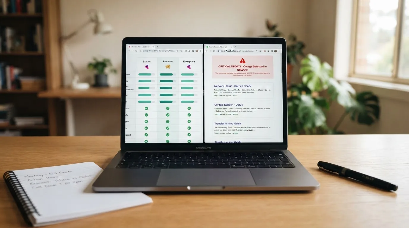 A laptop screen split between two browser tabs, one showing a comparison table and the other a search results page.