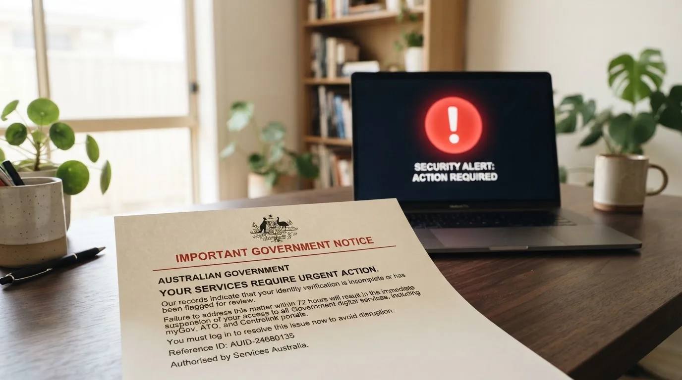 A printed government warning notice on a desk beside a laptop with a red alert icon on the screen.