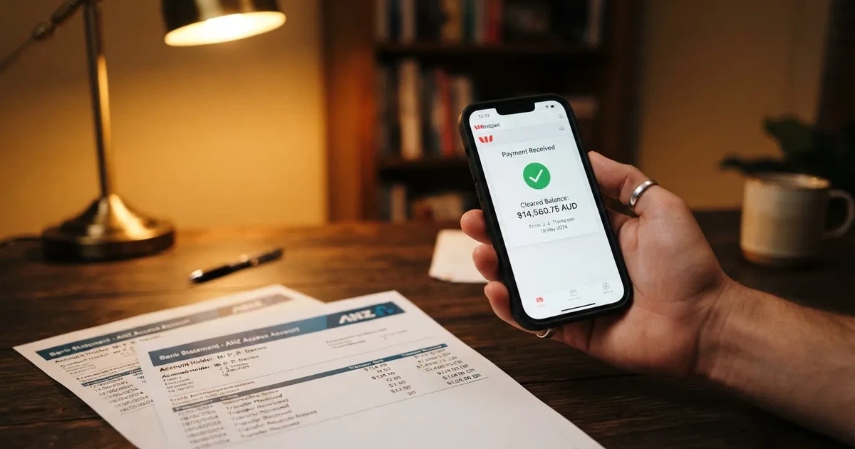 A hand holding a phone showing a cleared balance next to a stack of printed bank statements.