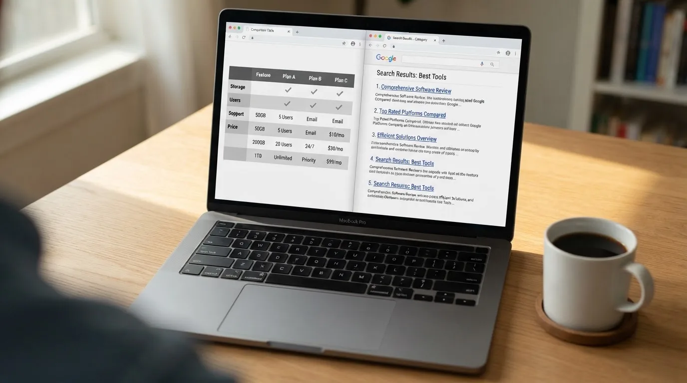 A laptop screen split between two browser tabs, one showing a comparison table and the other a search results page.