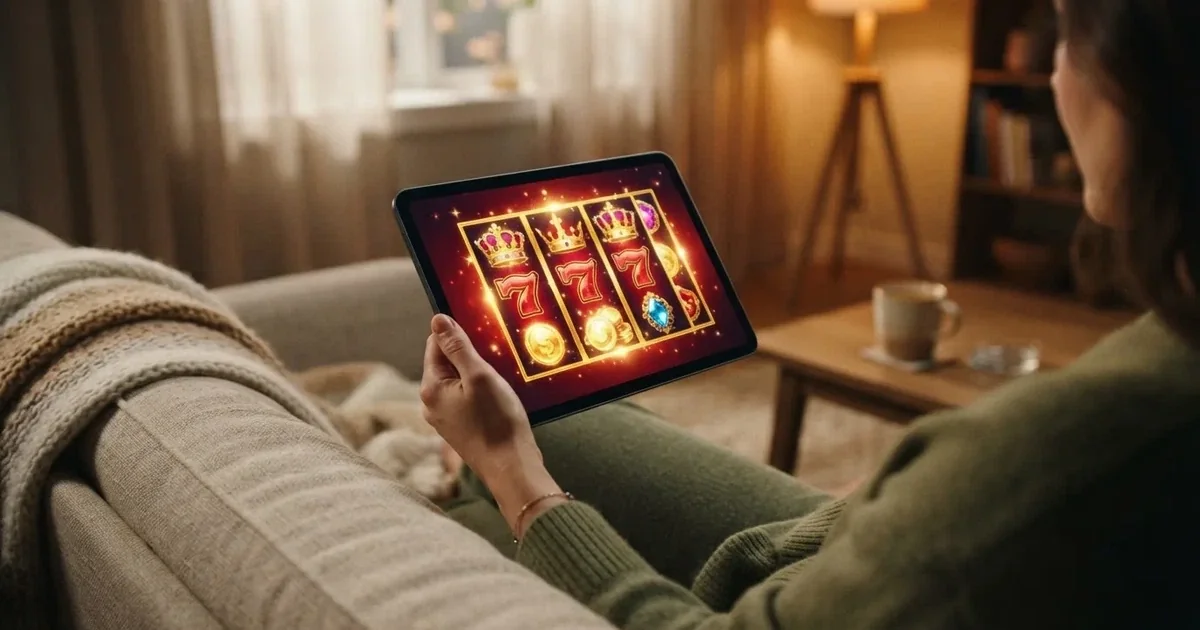 A hand holding a tablet with a touchscreen keypad displayed, resting on a couch armrest.