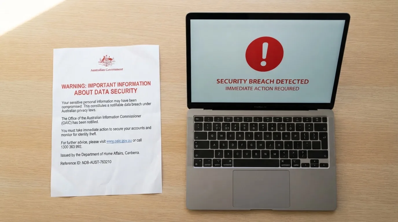 A printed government warning notice on a desk beside a laptop with a red alert icon on the screen.