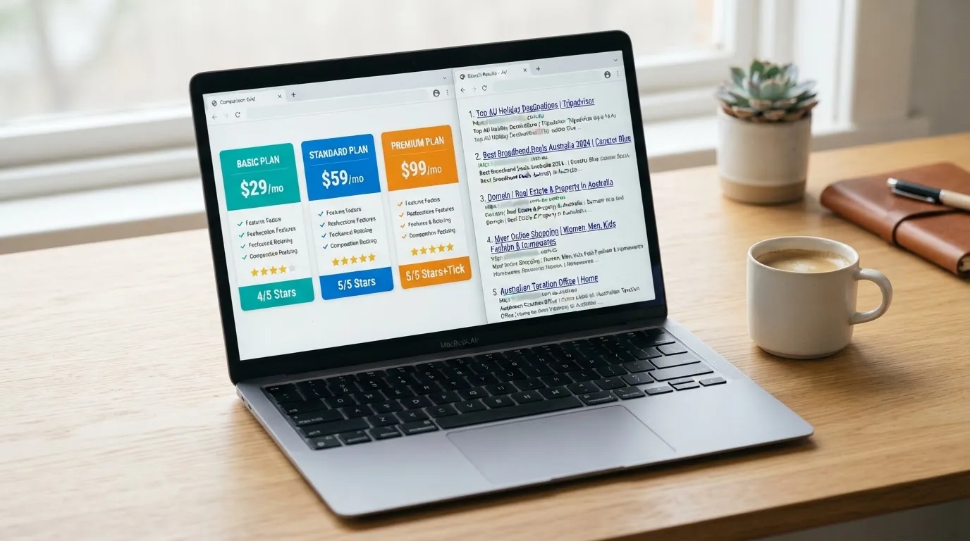 A laptop screen split between two browser tabs, one showing a comparison table and the other a search results page.