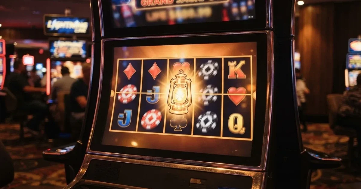 A close-up of a slot reel icon showing a stylised lantern motif on a cabinet screen.