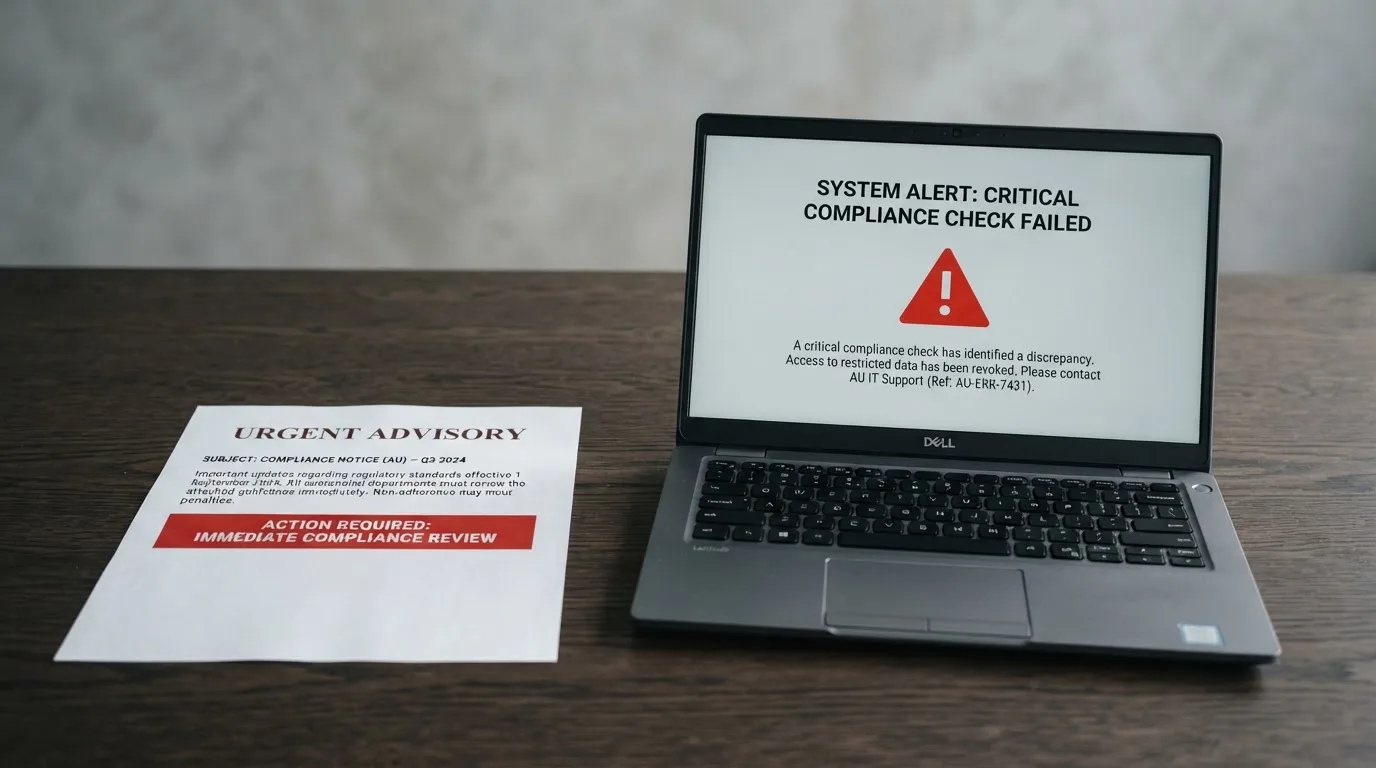 A printed government warning notice on a desk beside a laptop with a red alert icon on the screen.