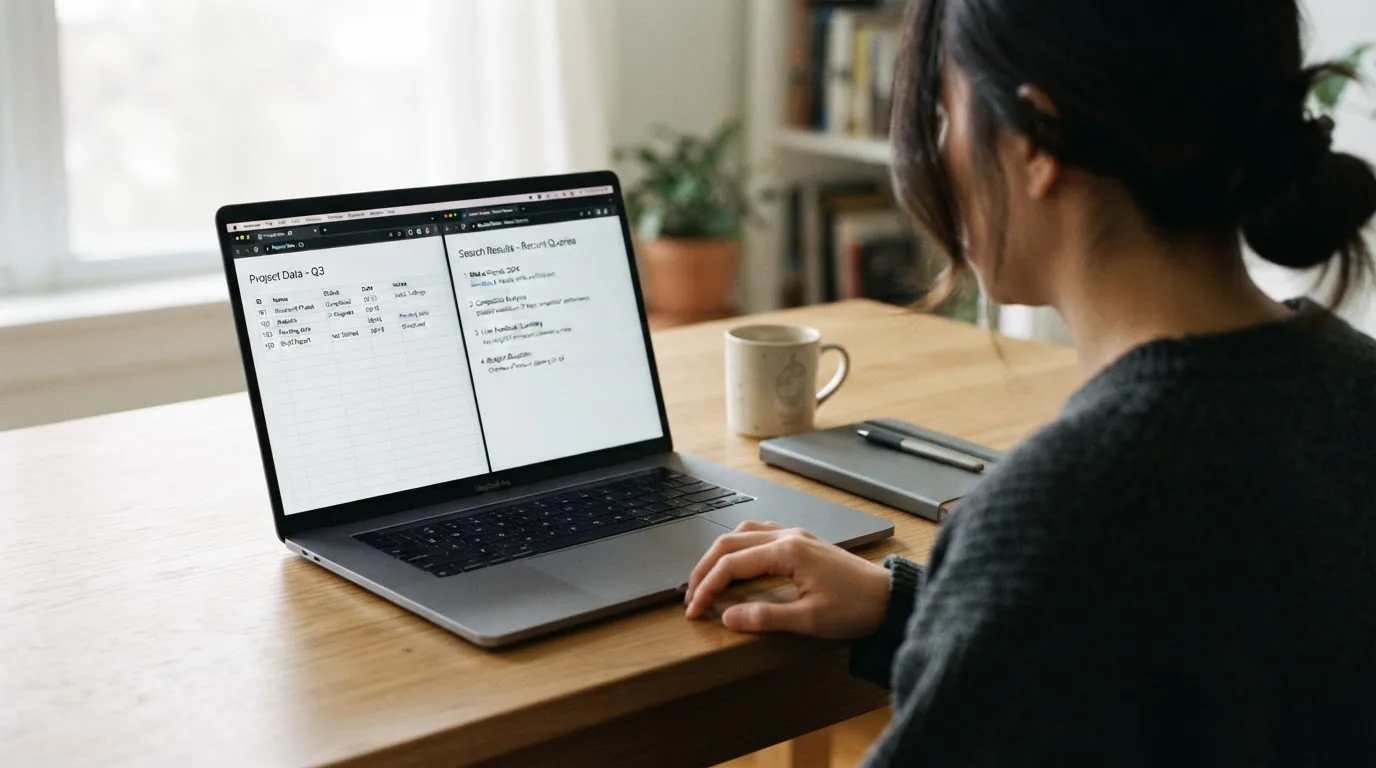 A laptop screen split between two browser tabs, one showing a comparison table and the other a search results page.