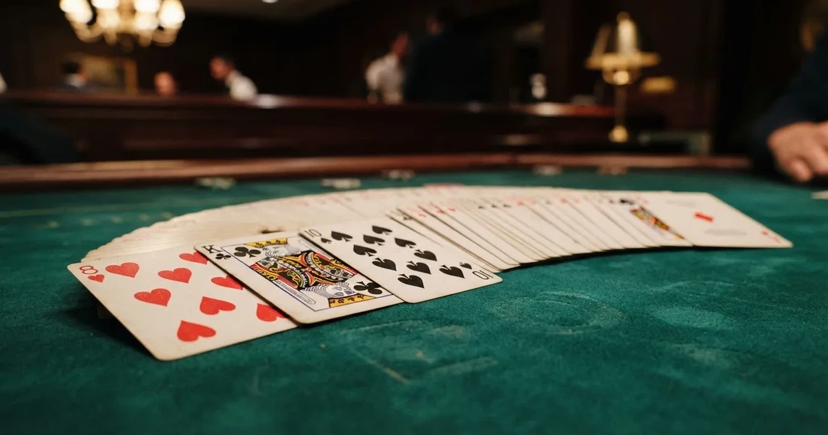 A close-up of a shuffled deck of playing cards fanned out on a green felt table.