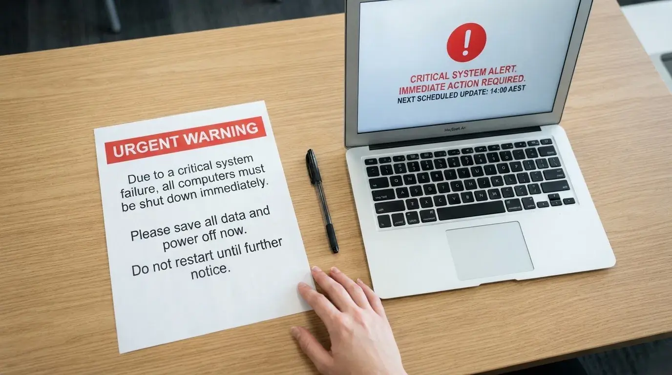 A printed government warning notice on a desk beside a laptop with a red alert icon on the screen.