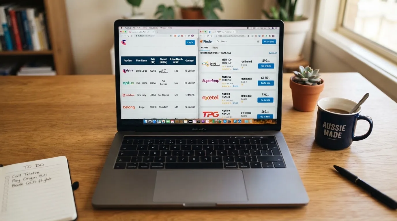A laptop screen split between two browser tabs, one showing a comparison table and the other a search results page.