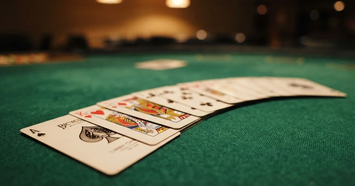 A close-up of a shuffled deck of playing cards fanned out on a green felt table.