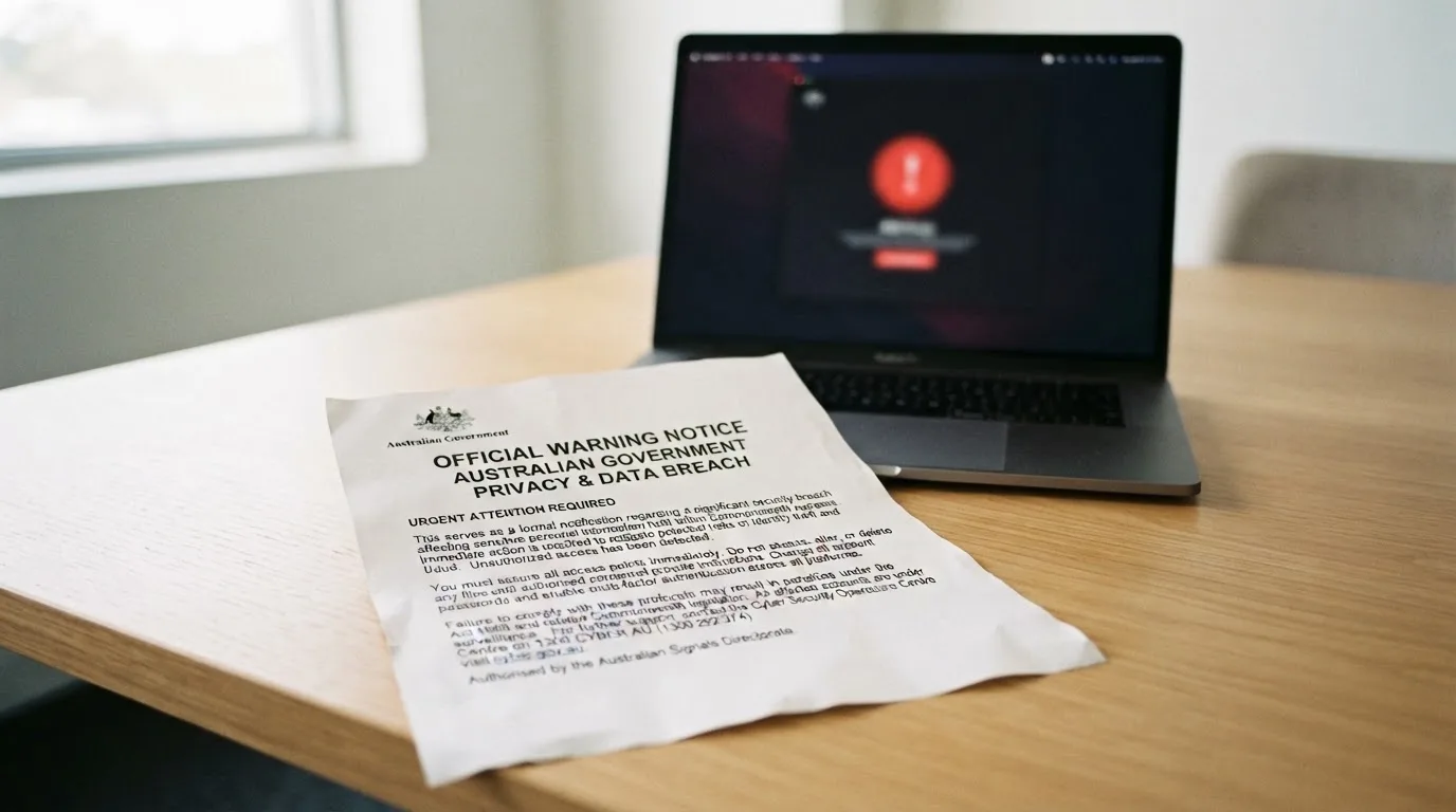 A printed government warning notice on a desk beside a laptop with a red alert icon on the screen.