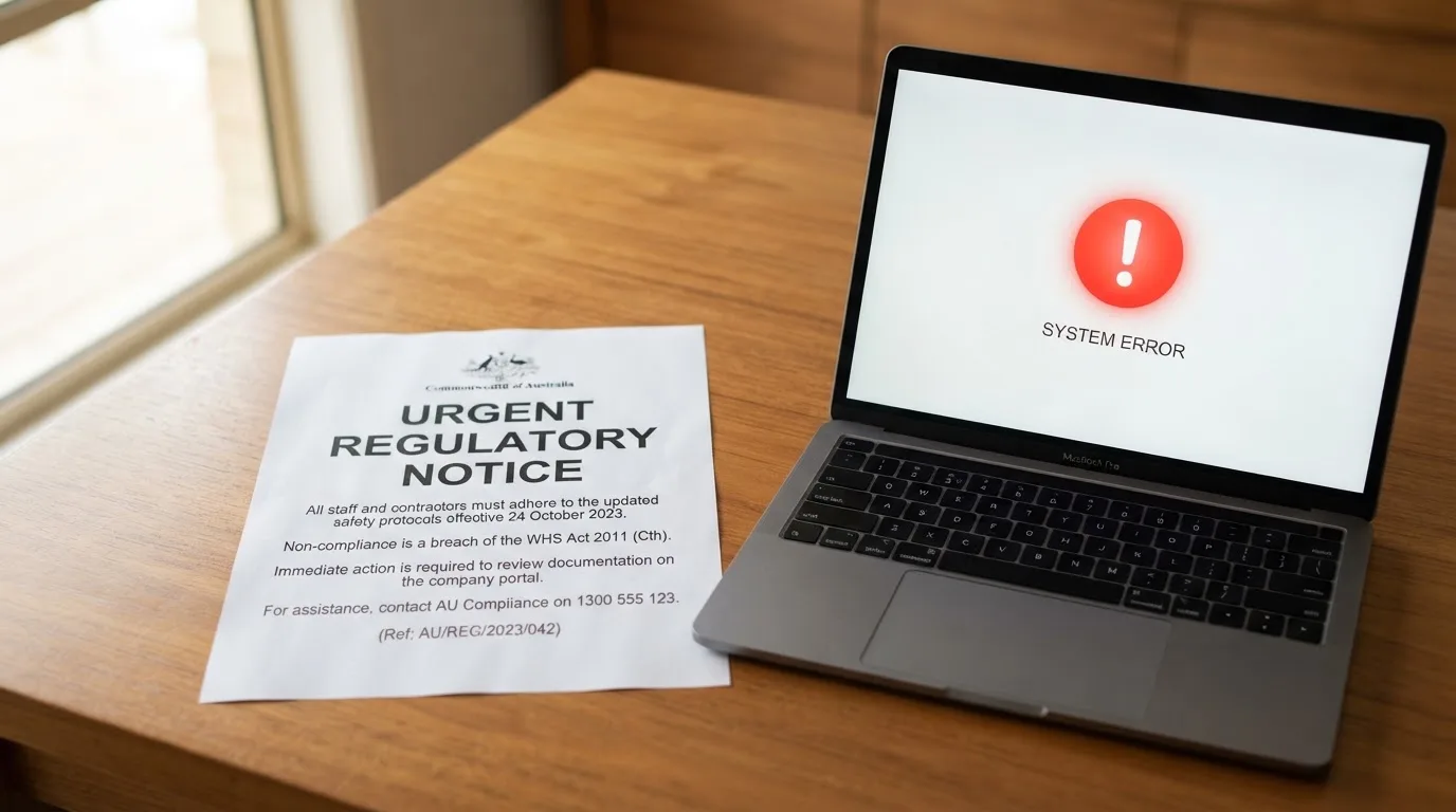 A printed government warning notice on a desk beside a laptop with a red alert icon on the screen.