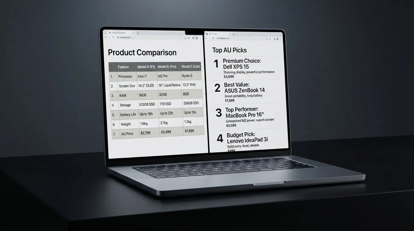 A laptop screen split between two browser tabs, one showing a comparison table and the other a search results page.