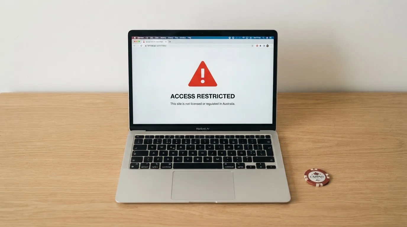 A printed government warning notice on a desk beside a laptop with a red alert icon on the screen.