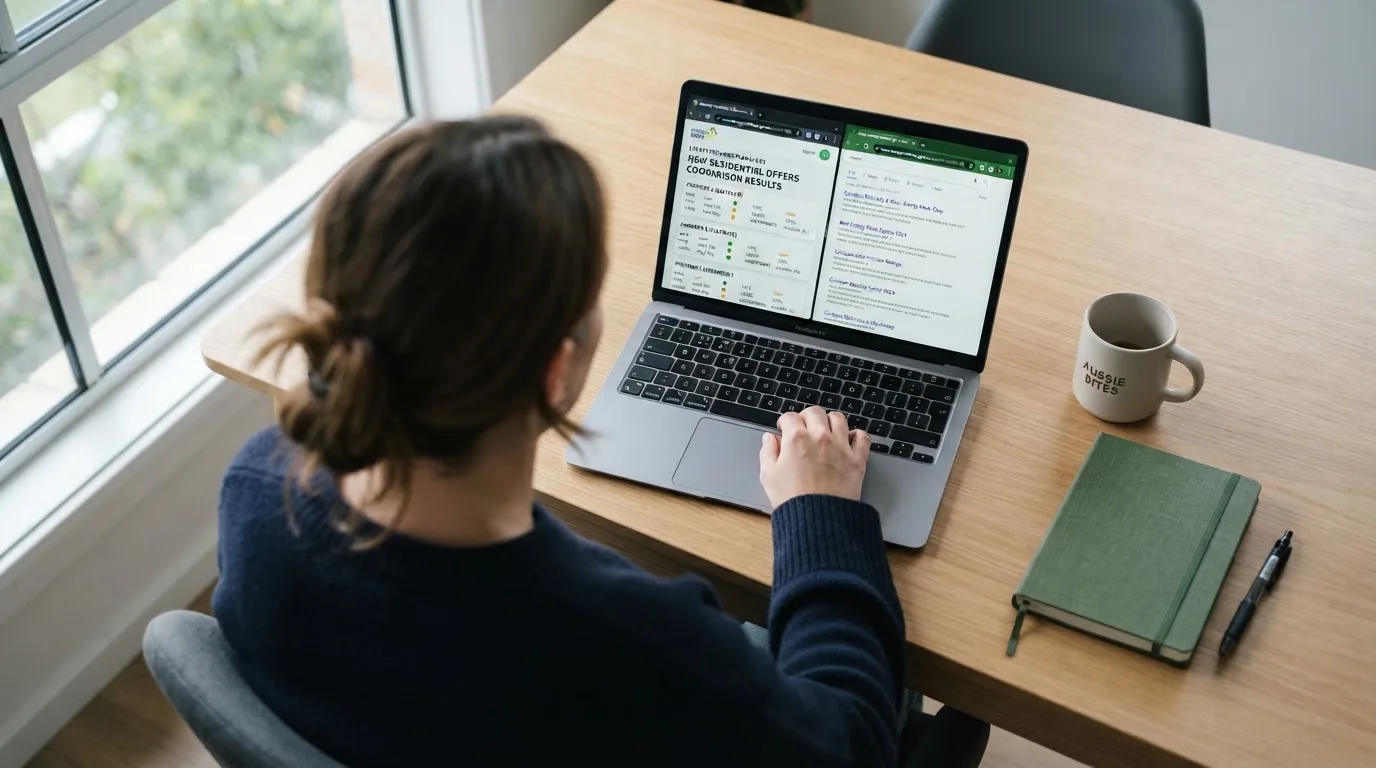 A laptop screen split between two browser tabs, one showing a comparison table and the other a search results page.