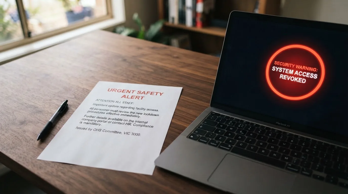 A printed government warning notice on a desk beside a laptop with a red alert icon on the screen.