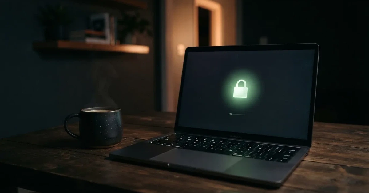 A padlock icon glowing on a laptop screen in a dim room.
