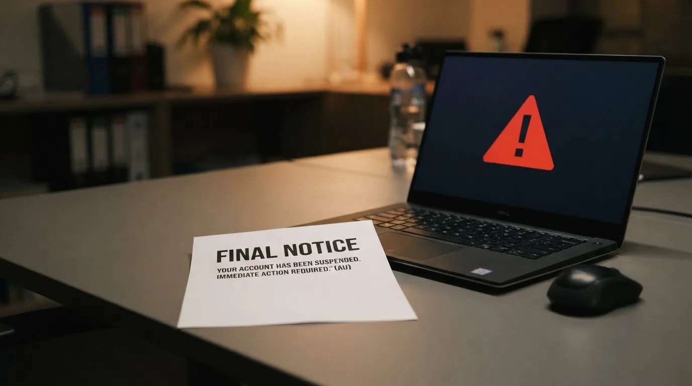 A printed government warning notice on a desk beside a laptop with a red alert icon on the screen.
