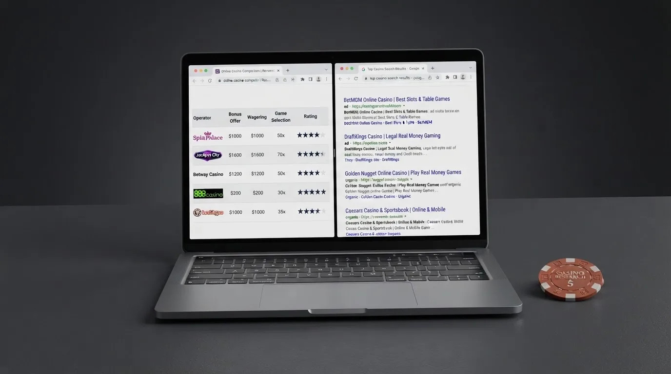 A laptop screen split between two browser tabs, one showing a comparison table and the other a search results page.