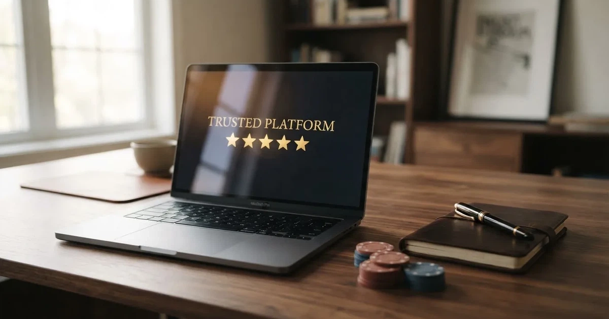 A five-star rating graphic displayed on a laptop screen next to a notepad.
