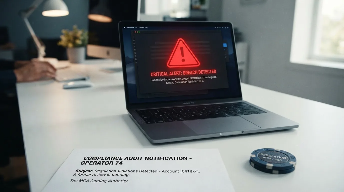A printed government warning notice on a desk beside a laptop with a red alert icon on the screen.