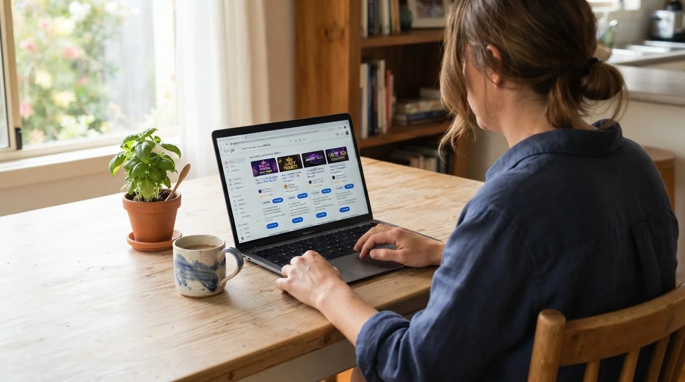 A person sits at a kitchen table, scrolling a laptop showing a general search results page about casino bonus offers.