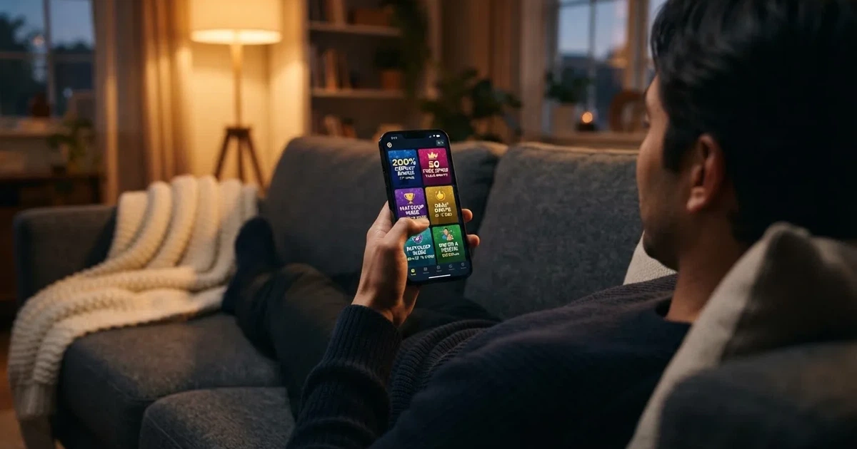A phone screen shows a list of promotional bonus tiles as someone scrolls with one thumb on a couch in the evening.