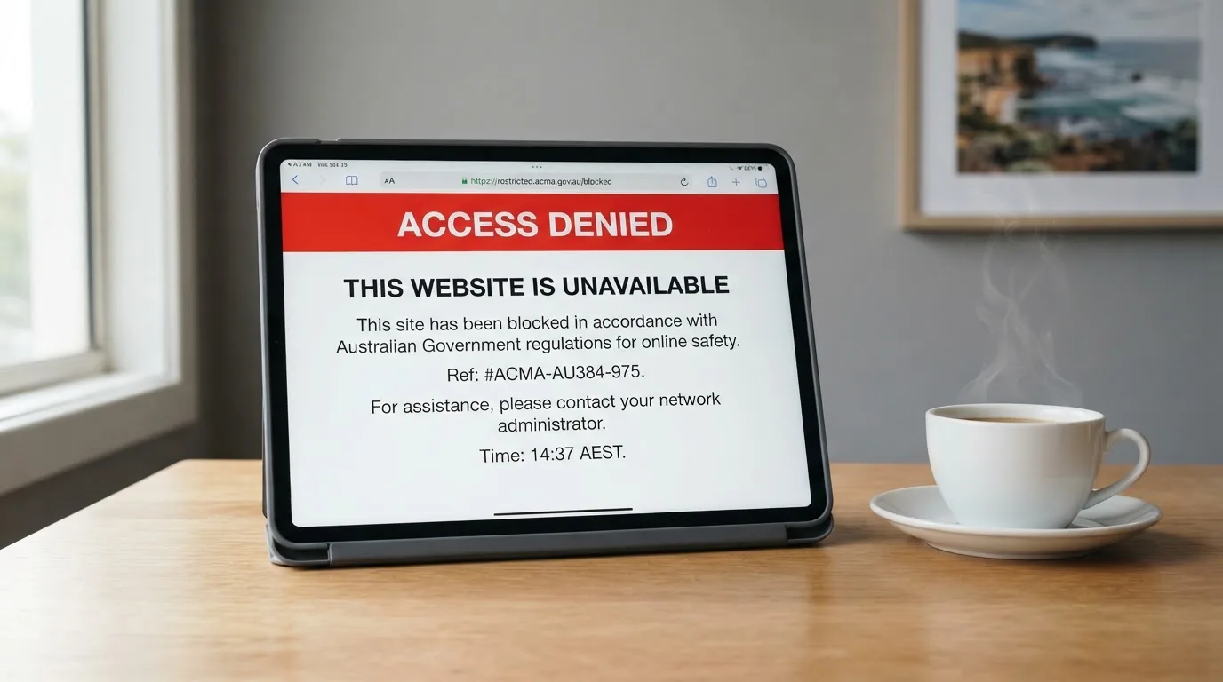 A tablet on a desk displays a plain government-style warning notice page, with a coffee cup beside it.