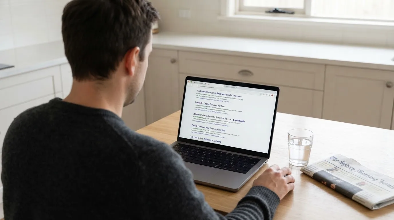 A person sits at a kitchen table, scrolling a laptop showing a general search results page about new casino sites.