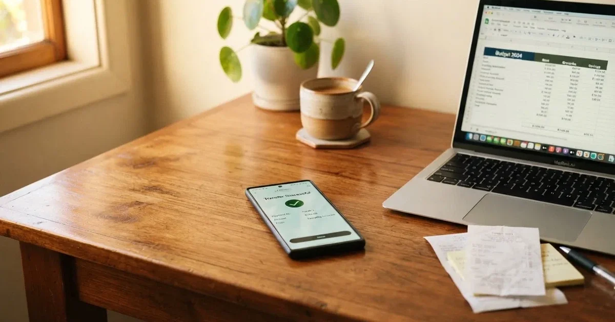 Close-up of a smartphone banking app open beside a laptop on a home desk, mid-transfer.