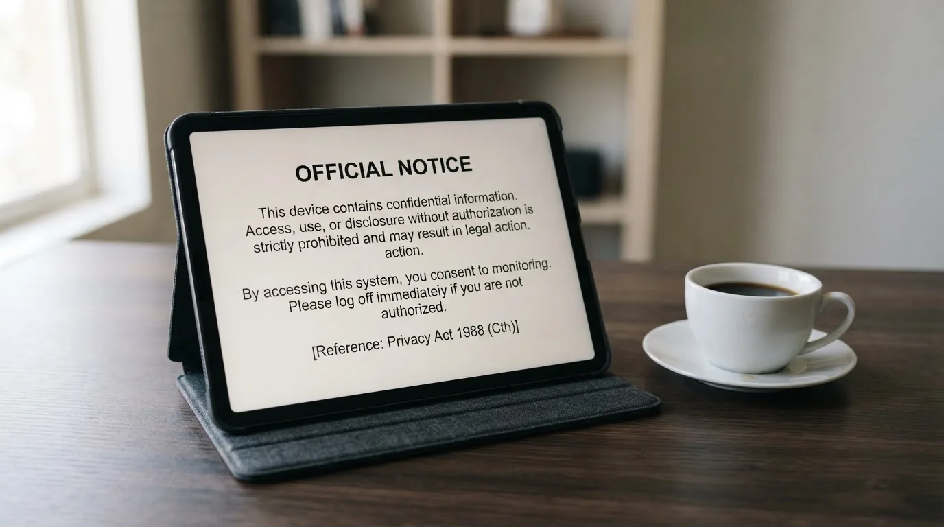 A tablet on a desk displays a plain government-style warning notice page, with a coffee cup beside it.