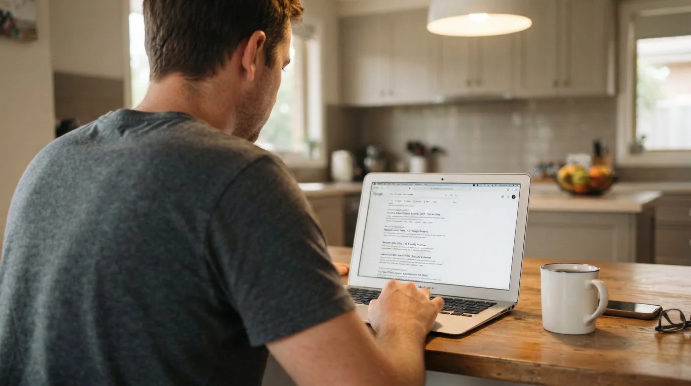 A person sits at a kitchen table, scrolling a laptop showing a general search results page about new casino sites.