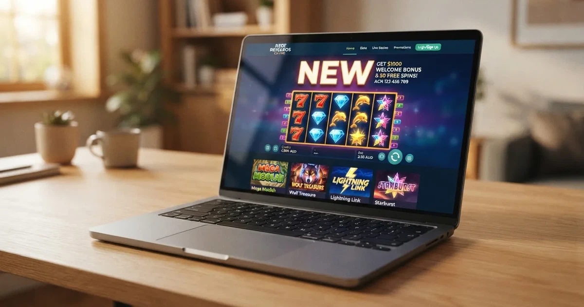 A laptop screen shows a freshly loading website homepage with a 'new' banner, on a plain desk.