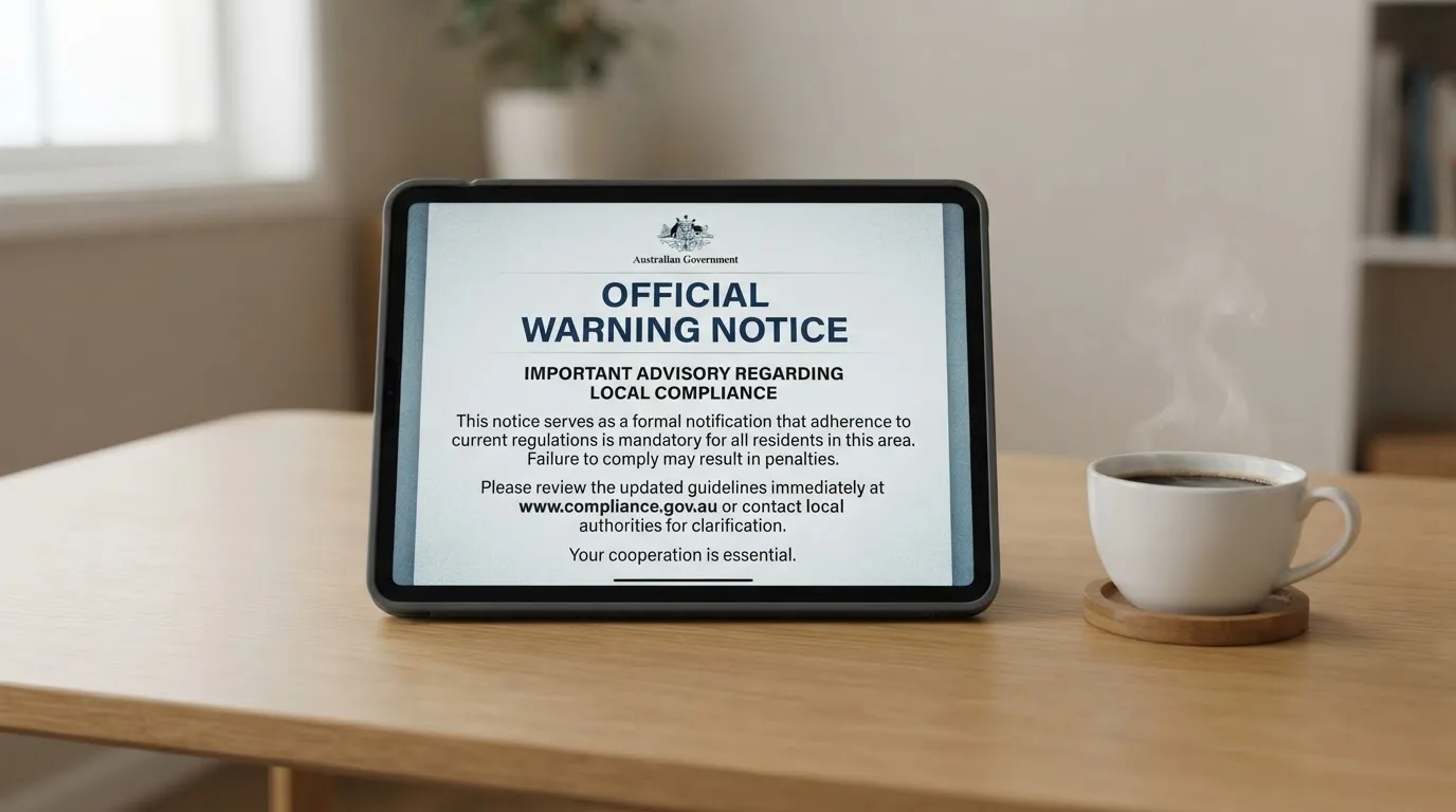 A tablet on a desk displays a plain government-style warning notice page, with a coffee cup beside it.