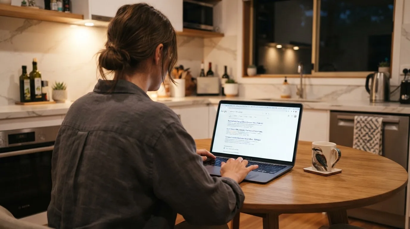 A person sits at a kitchen table in the evening, scrolling a laptop showing a general search results page about bonus offers.