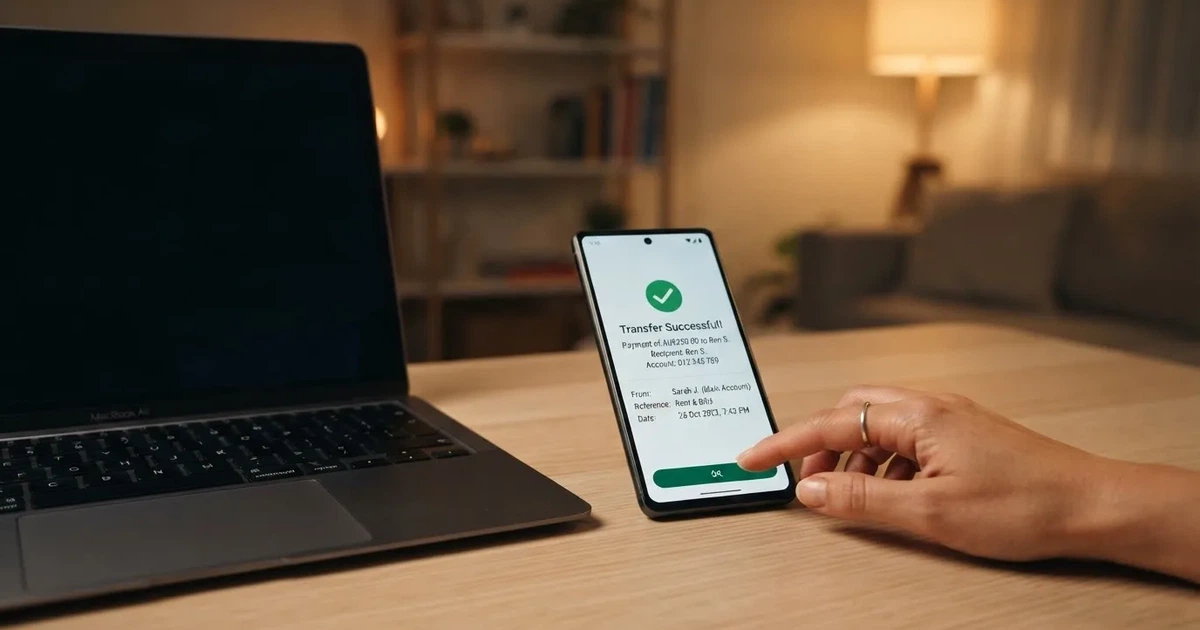 Close-up of a smartphone banking app open beside a laptop on a home desk, mid-transfer.